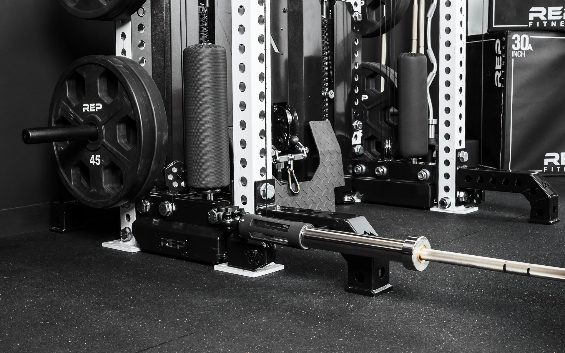 The Rack Mounted REP® x Kleva Built® Adroit Landmine installed on a REP 5000 series Front Foot Extension